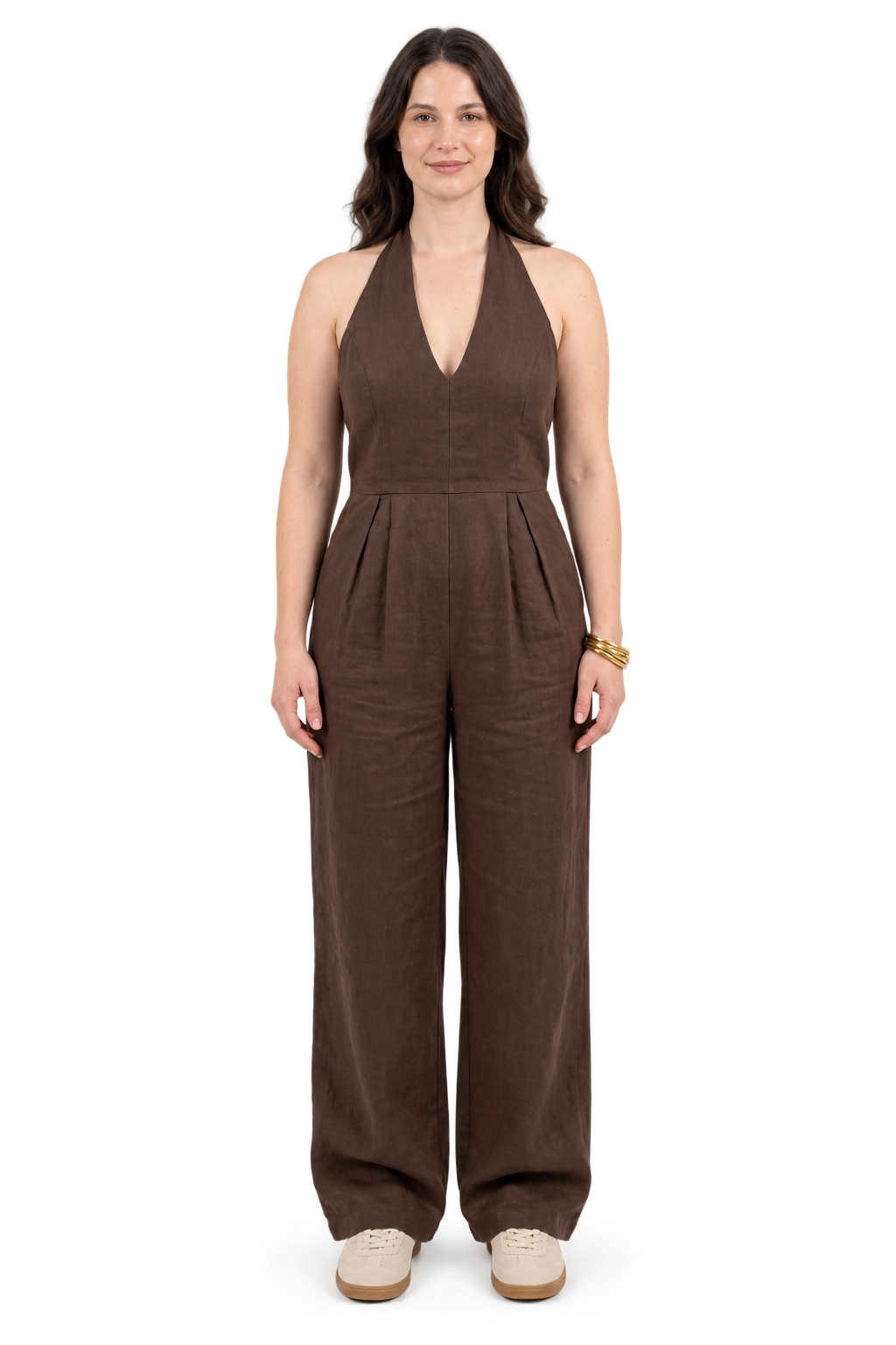 Digital twin wearing a dark brown halter-neck jumpsuit with cream sneakers