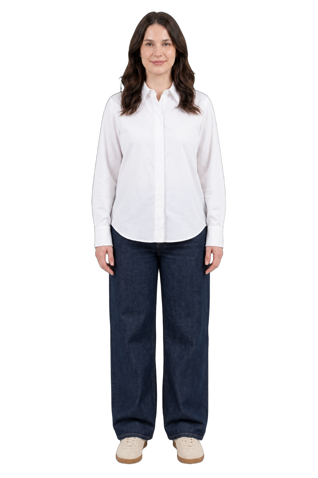 Digital twin wearing a white shirt, dark wide-leg jeans, and cream sneakers