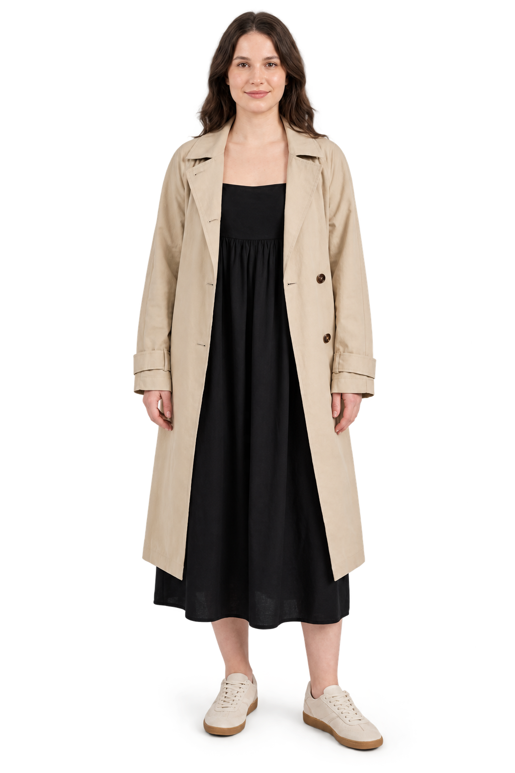 Digital twin wearing a cream trench coat over a black dress with cream sneakers