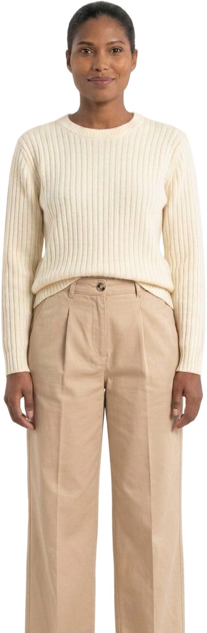 Digital twin wearing a cream ribbed sweater and tan wide-leg pleated trousers