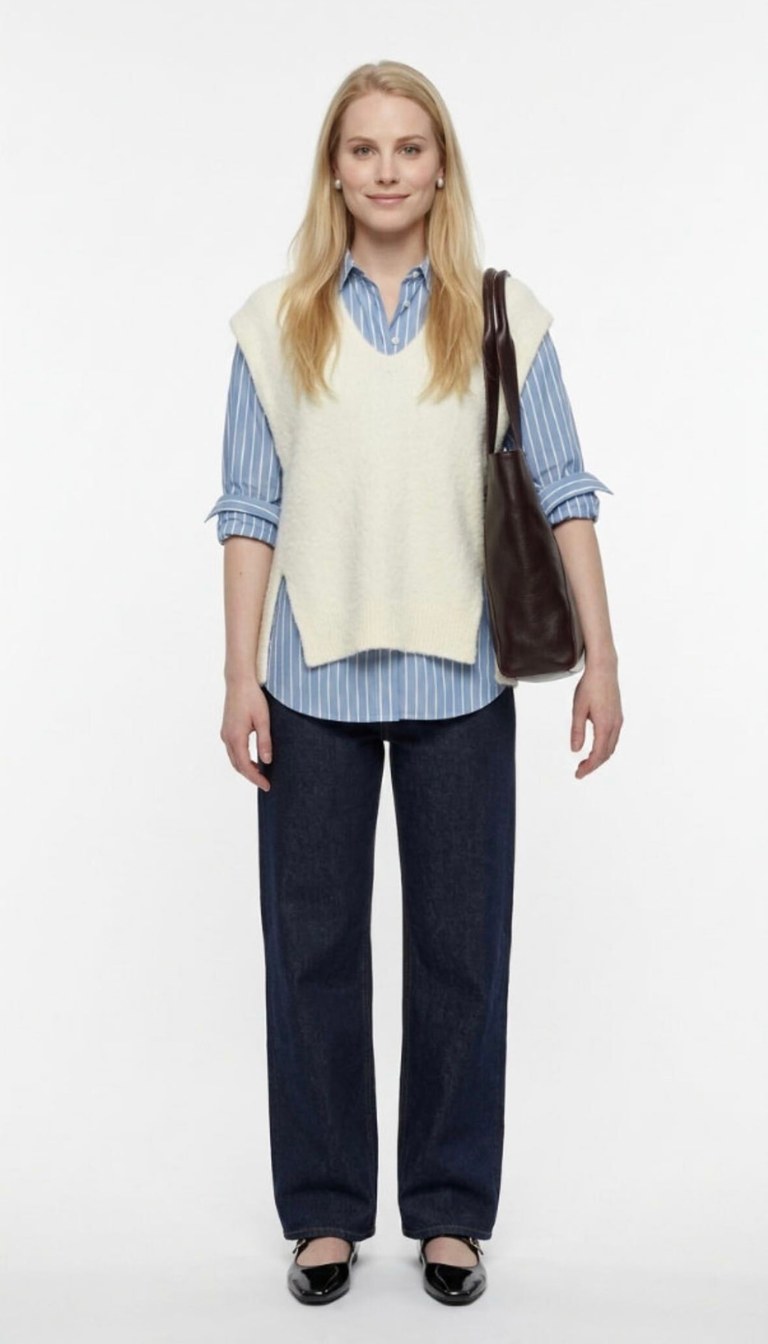 AI digital twin wearing a striped shirt under a cream knit vest with indigo wide-leg jeans